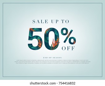 50% lettering handmade with leaves and flower tropical decoration. For Sale discount, Poster Banner Background, Sign and symbol. Luxury unique style, Green color, Vector illustration