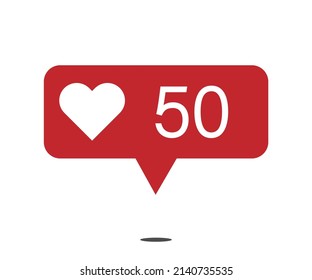 50 me gusta. icono de notificación de red social roja con corazón. ilustración vectorial