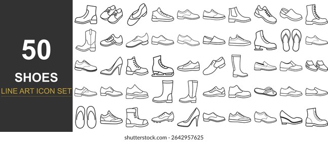 50 Line Art Vetor Ícones de Estilos de Sapatos e Calçados Incluindo Tênis, Saltos, Botas, Sandálias, Atletismo, Formal, e Sazonal Designs para Moda, E-Commerce, e Projetos de Interface do Usuário