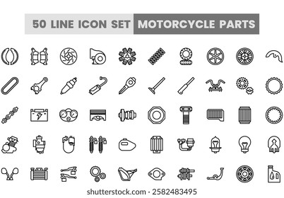 50 line icon set motorcycle parts. Motorcycle spare part.