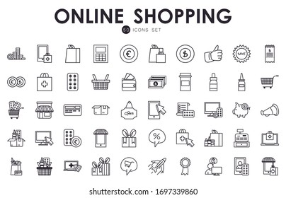 Diseño de conjunto de iconos de 50 líneas de compras en línea atención médica comercio de comercio minorista compra pagarés banca y consumismo tema Vector ilustración
