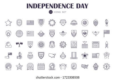 50 line style icon set design, Independence day united states america nation us country and national theme Vector illustration
