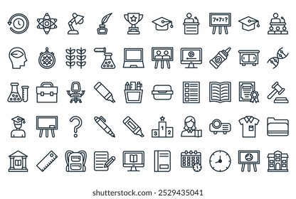 50 linear academy icon pack. vector thin line lunch bag, physics, desk lamp, inkwell, trophy, mortarboard, speech icons suitable for apps and websites ui designs.