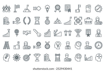 50 logros lineales paquete de iconos Vector línea delgada persistance, bandera de la meta, hito, pieza del rompecabezas, idea, insignia, iconos del certificado conveniente para los App y los Sitios web diseños de UI.