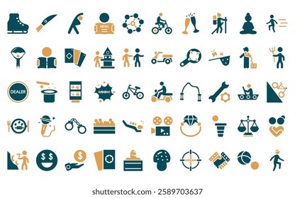 50 linear activities icon pack. vector thin line motorcycle riding, knife making, exercising, newspaper readign, modeling, biking, hang out icons suitable for apps and websites ui designs.