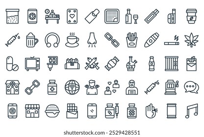 50 linear addiction icon pack. vector thin line sweets, online gambling, workaholic, playing cards, nail, nicotine patch, alcohol icons suitable for apps and websites ui designs.