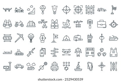 50 linear adventure sports icon pack. vector thin line tent, go kart, cliff, skydive, flipper, scope, scope icons suitable for apps and websites ui designs.