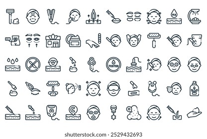 50 lineales de tratamiento estético paquete de iconos. Vector de línea delgada probado, arrugas, alisado del cabello, levantamiento, depilación, inyección, iconos de parche de ojos adecuados para App y Sitios web.