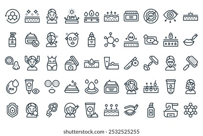 50 paquete de iconos de tratamiento estético lineal. Vector de granos de línea delgada, piel brillante, levantamiento, SPF, hidratación, rellenos, iconos de crema adecuados para App y Sitios web.