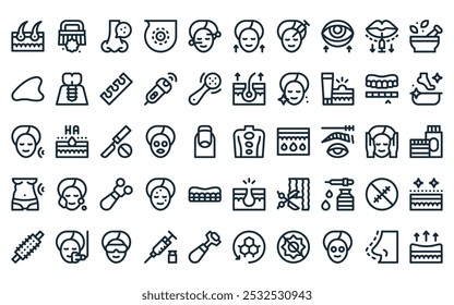 Icono de tratamiento estético lineal de 50 Vectores de piedras calientes de línea delgada, exfoliante, espinilla, cirugía, acupuntura, levantamiento, mesoterapia iconos adecuados para App y Sitios web.