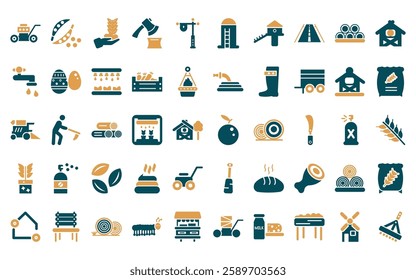 50 linear agriculture farming icon pack. vector thin line fruit, legume, harvest, wood chop, lamppost, silo, chicken coop icons suitable for apps and websites ui designs.