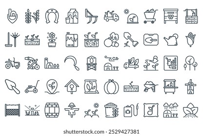 50 linear agriculture icon pack. vector thin line wind, grain, horseshoe, milk, cultivator, truck, green house icons suitable for apps and websites ui designs.