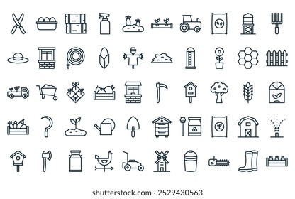 50 linear agriculture icon pack. vector thin line scythe, eggs, haystack, sprayer, carrot, hydroponic, tractor icons suitable for apps and websites ui designs.