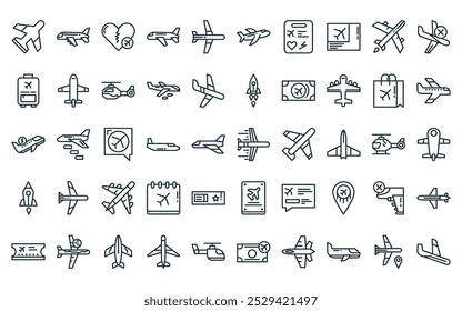 50 linear aircraft icon pack. vector thin line aircraft, aircraft, broken heart, flight information icons suitable for apps and websites ui designs.