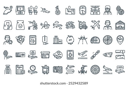 50 paquete de iconos de avión lineal. Vector de línea delgada chárter, entretenimiento, Vacantes, ala, tren de aterrizaje, primera clase, iconos de ventana adecuados para App y Sitios web.