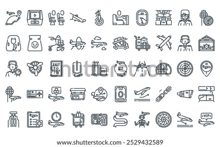 50 linear airplane icon pack. vector thin line charter, entertainment, seats, wing, landing gear, first class, window icons suitable for apps and websites ui designs.