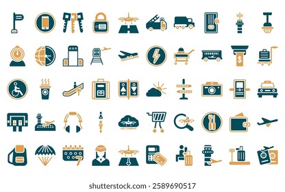 50 linear airport terminal icon pack. vector thin line cloudy day, forbbiden phone, key with key chain, luggage security, landing runway, emergency truck, trailer truck icons suitable for apps and