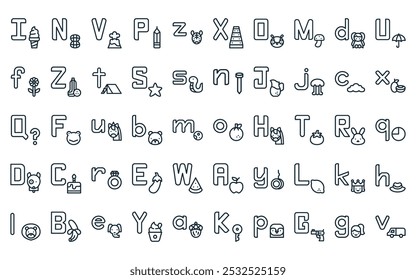 50 linear alphabet icon pack. vector thin line letter o, letter n, letter v, p, z, x, o icons suitable for apps and websites ui designs.