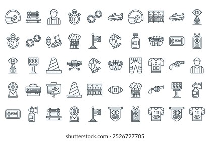 50 linear american football icon pack. vector thin line stadium, bench, referee, stopwatch, pom pom, cleats, helmet icons suitable for apps and websites ui designs.