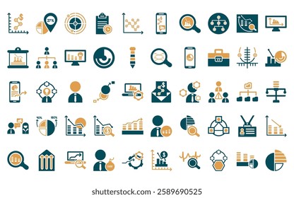 50 linear analytics icon pack. vector thin line email analytics, percentage, radar chart, agenda, dot, mobile analytics, analysis icons suitable for apps and websites ui designs.