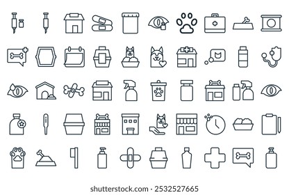 50 lineales de cuidado de animales paquete de iconos. Vector de línea delgada cuidado de animales, jeringuillas, tienda de mascotas, cuidado de animales, iconos adecuados para App y Sitios web.