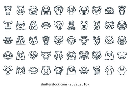 50 linear animal icon pack. vector thin line monkey, pig, sheep, walrus, cobra, ostrich, bat icons suitable for apps and websites ui designs.