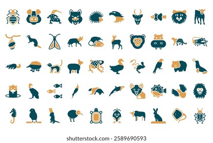 50 linear animals icon pack. vector thin line goose, hog, gecko, lynx, hegdehog, hawk, gazelle icons suitable for apps and websites ui designs.