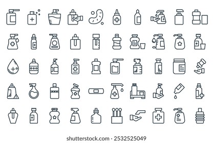 50 lineare antiseptische Ikonenpackung. Vektor dünne Linie antiseptisch, antiseptisch, Bakterien, Symbole für Anwendungen und Websites ui Designs geeignet.