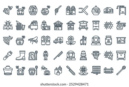 50 linear apiary icon pack. vector thin line flower, apiarist, barrel, honey jar, honey, apiary, holder icons suitable for apps and websites ui designs.