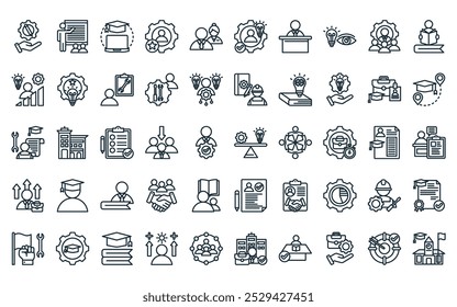50 lineare Lehrstellen-Icon-Paket. Vektor Thin Line Implementierung, Training, Online-Lernen, Experte, Assistent, Kompetenz, Director Icons für Apps und Websites ui Designs geeignet.