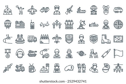 50 linear armed forces icon pack. vector thin line badges, saluting flag, jet, helicopter, captain, rifle, battleship icons suitable for apps and websites ui designs.