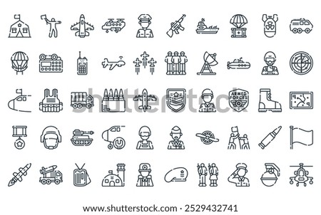 50 linear armed forces icon pack. vector thin line badges, saluting flag, jet, helicopter, captain, rifle, battleship icons suitable for apps and websites ui designs.