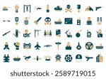 50 linear army icon pack. vector thin line pledge, military robot hine, pull up,  , condecoration, armored vehicle, dead icons suitable for apps and websites ui designs.