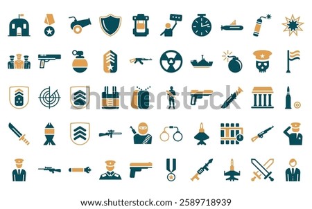 50 linear army icon pack. vector thin line infantry, medal, cannon, shield, army backpack, revolt,   icons suitable for apps and websites ui designs.