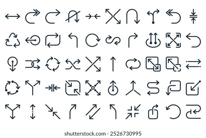 50 linear arrow icon pack. vector thin line one way, forward, next, no u turn, minimize, exchanging, u turn icons suitable for apps and websites ui designs.