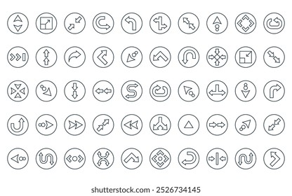 Vector de línea delgada siguiente ubicación, agrandar, minimizar, girar a la derecha, flecha izquierda, unión, íconos superiores izquierdos adecuados para App y Sitios web UI diseños.