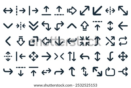 50 linear arrow icon pack. vector thin line left down arrow, arrow right, right, up, up, right, diagonal icons suitable for apps and websites ui designs.