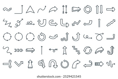50 setas lineares ícone pack. vetor linha fina curva seta, seta para cima, navegação, seta curva, virar à direita, para cima para baixo, ícones à direita adequados para aplicativos e sites ui designs.