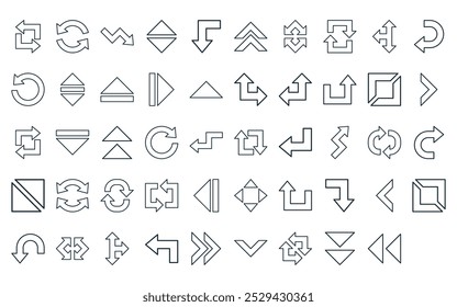 50 linear arrows icon pack. vector thin line left, loading, down right, up and down arrows, down, up chevron, loop icons suitable for apps and websites ui designs.