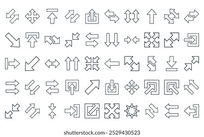 50 linear arrows icon pack. vector thin line left arrow, four arrows, upload, left and right arrows, upload, left and right up and down icons suitable for apps websites ui designs.