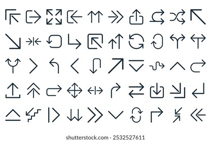 50 linear arrows icon pack. vector thin line diagonal arrow, log out, move selection, log in, arrow up, right arrow, upload icons suitable for apps and websites ui designs.