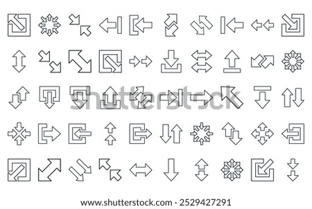 50 linear arrows icon pack. vector thin line log in, all directions, left and right arrows, log out, log in, left and right arrows, left and right icons suitable for apps websites ui designs.