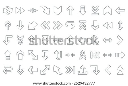 50 linear arrows icon pack. vector thin line up arrow, skip, left and right arrows, down right, down arrow, up arrow, down icons suitable for apps and websites ui designs.