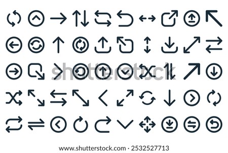 50 linear arrows icon pack. vector thin line down chevron, up chevron, right arrow, up down, refresh arrow, undo, left right icons suitable for apps and websites ui designs.