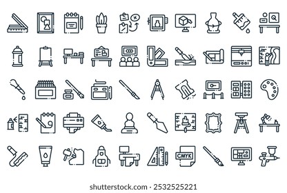 50 linear art studio icon pack. vetor linha fina bússola, pintura, caderno de desenhos, planta, placa de humor, forno, d de ícones adequados para aplicativos e sites projetos de iu.