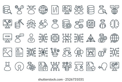 50 linear artificial intelligence icon pack. vector thin line vision, effective, response, web search engine, syntax, bug finding, interactions icons suitable for apps and websites ui designs.