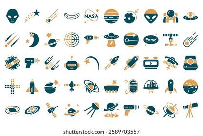 50 linear astronomy icon pack. vector thin line rocket flying, shooting star, comet, galaxy view,  , neptune with satellite, aerosphere icons suitable for apps and websites ui designs.