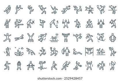 50 linear athlete and s icon pack. vector thin line weight lifting, exercise, exercise, badminton, fencing, football player, football icons suitable for apps and websites ui designs.