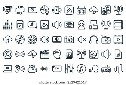 50 linear audio video icon pack. vector thin line camera, repeat, stream, dj music, streaming, rss, music box icons suitable for apps and websites ui designs.