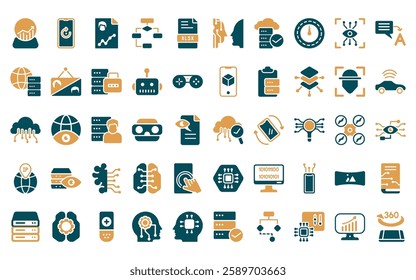 50 linear augmented reality icon pack. vector thin line solution, rotation, demographic, diagram, xlsx, turing test, availability icons suitable for apps and websites ui designs.